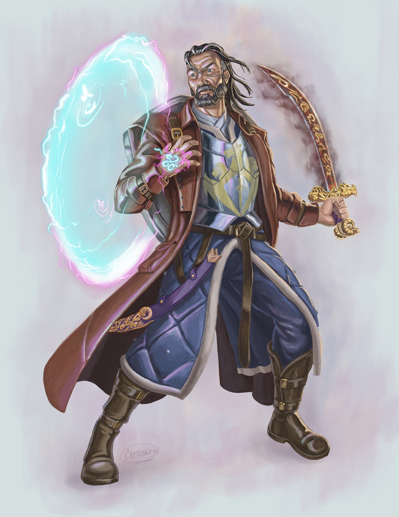 A warrior with the Mark of Sentinel projecting a shield of energy from his right hand. 