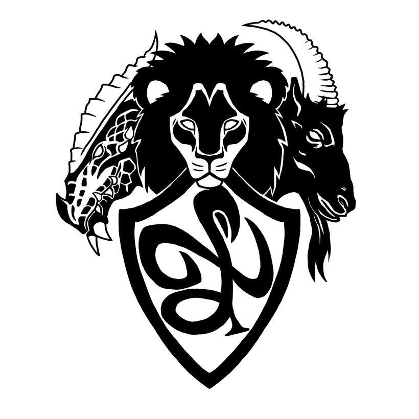 A heraldic image showing three heads -- a gdragon, a lion, and a goat -- over a shield.
