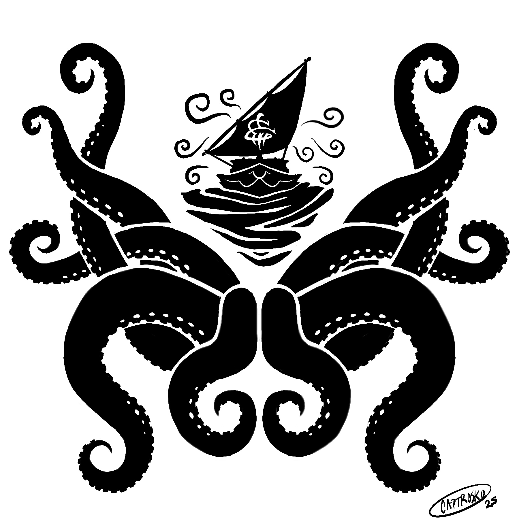 A sailboat with the Mark of Storm on its sail, surrounded by a wreath of kraken tentacles. 