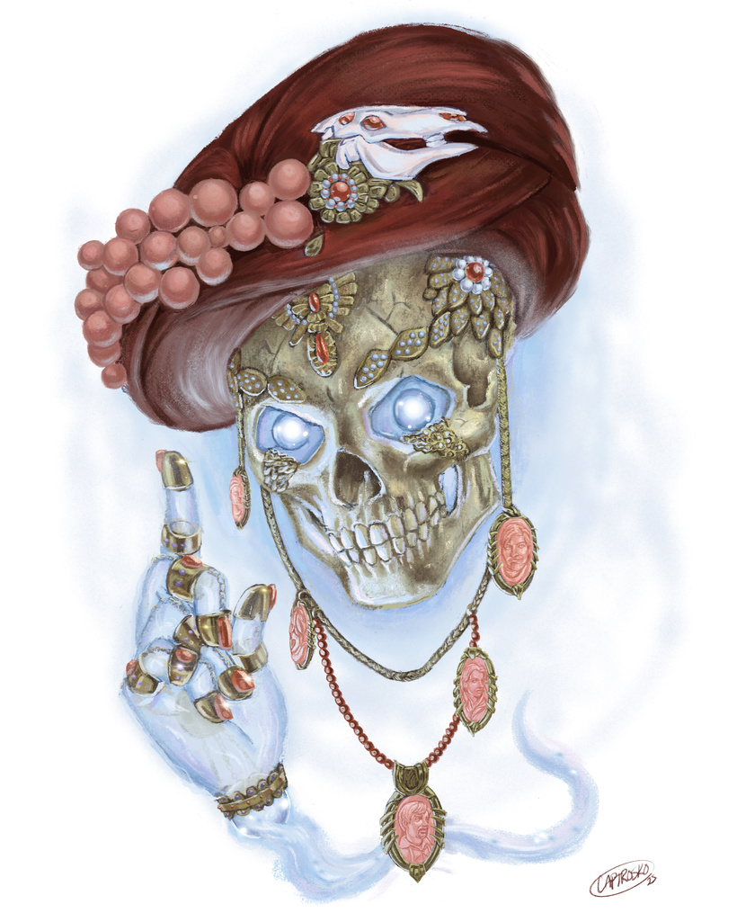 A floating skull wearing a stylish hat