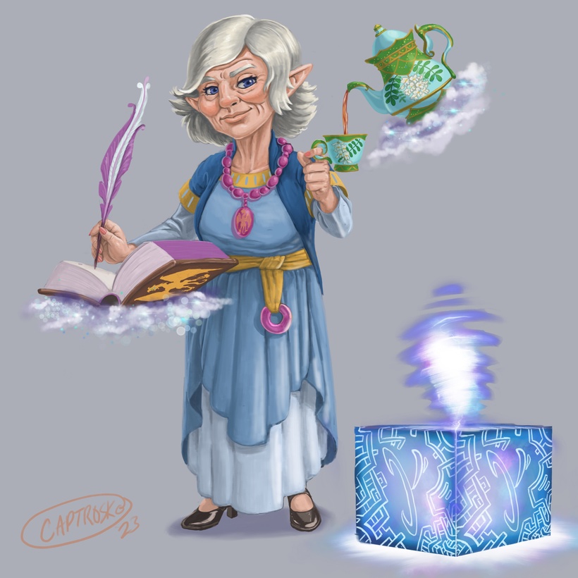An elderly gnome writes in a floating book while a floating teapot pours her a cup of tea.