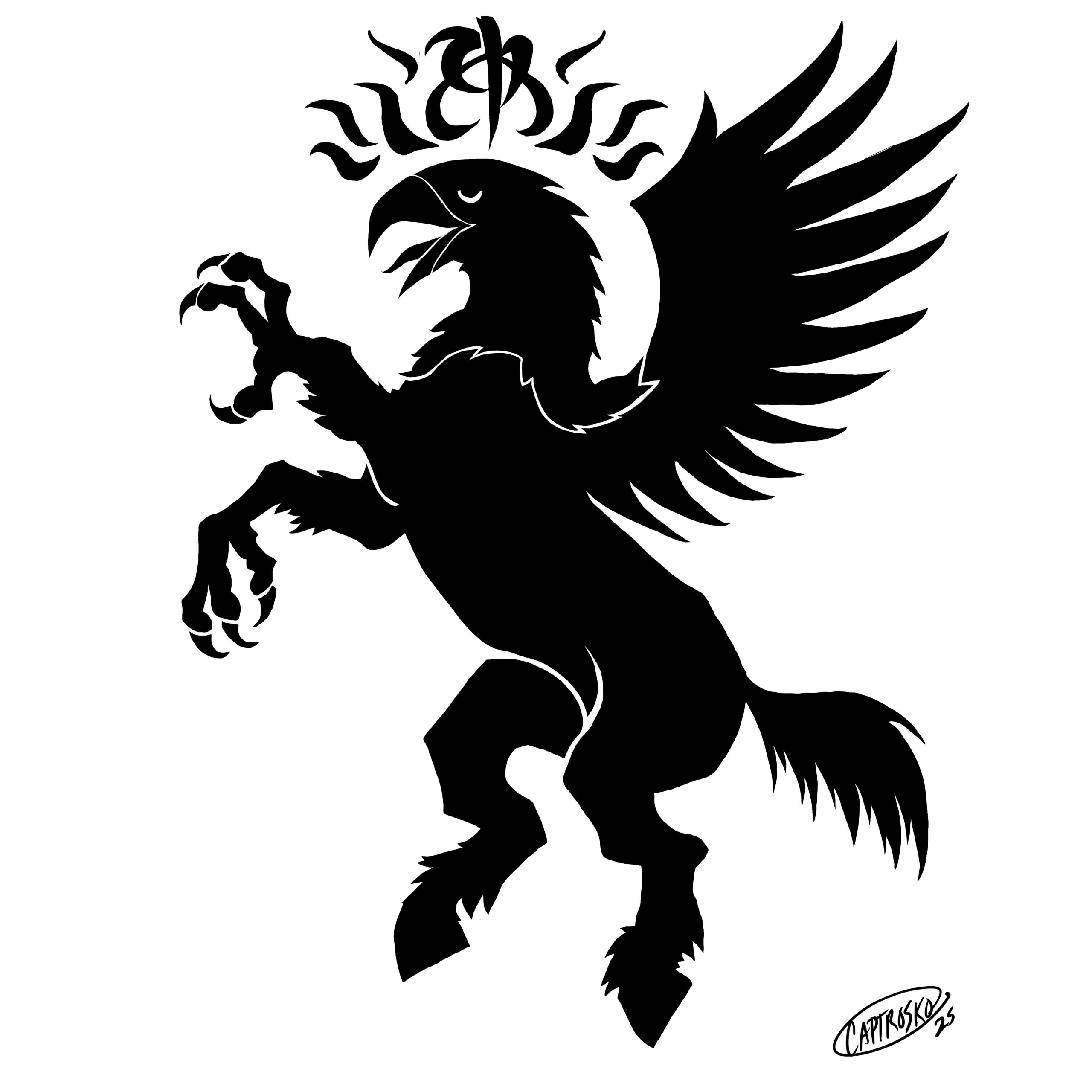 A rearing hippogriff with the Mark of Handling above its head. 